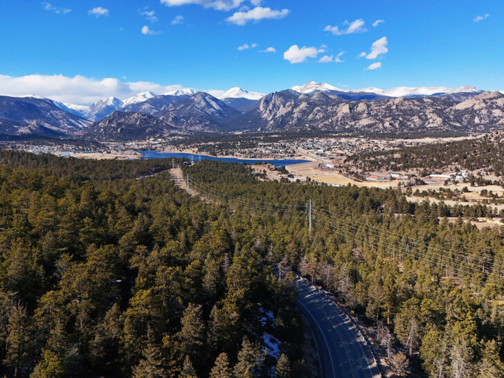 view of mountains and road in Estes park, Colorado