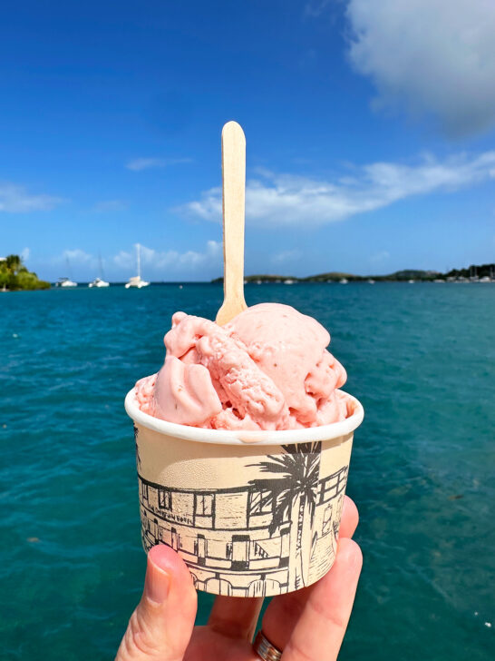 pink ice cream in cup with blue ocean in distance places to eat st croix with a view