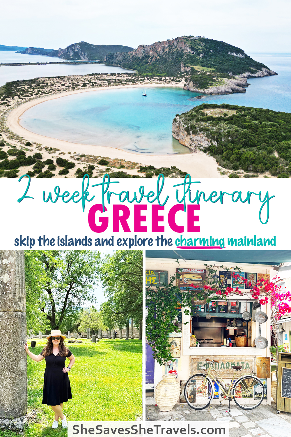 view of curved shoreline, woman standing near pillar and bike in with storefront with text that reads 2 week travel itinerary Greece skip the islands and explore the charming mainland