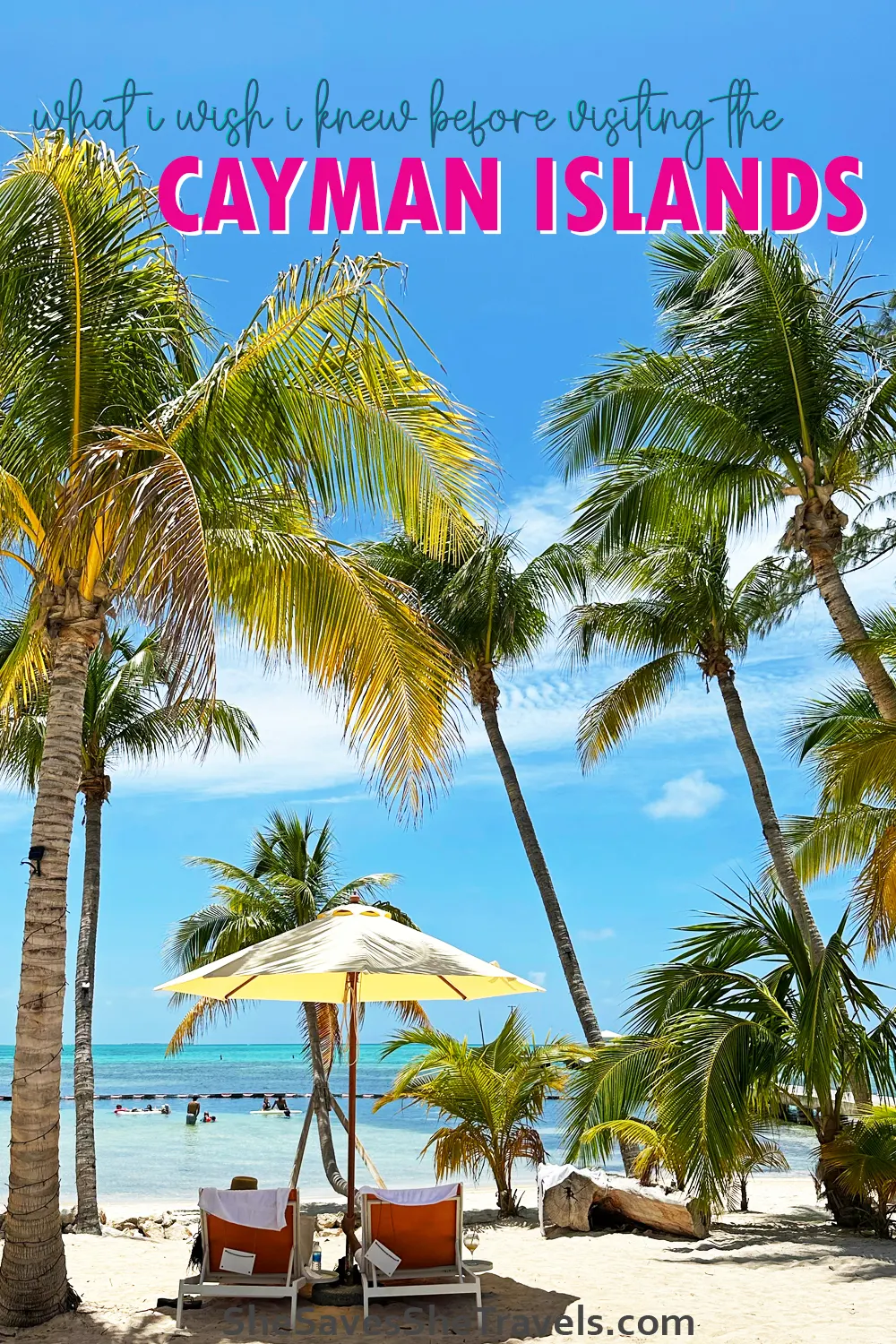 palm trees on beach with text that reads what I wish I knew before visiting the Cayman Islands
