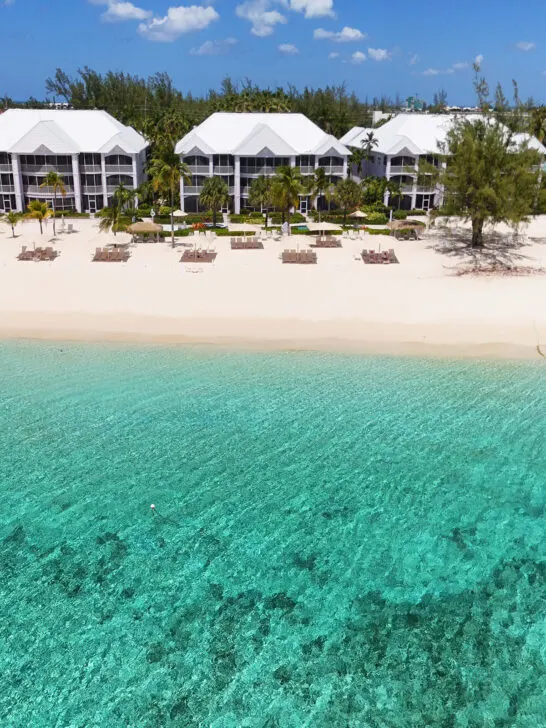bright teal water and condos on beach