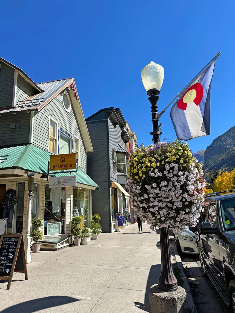 downtown Telluride Colorado view of stores and light post with flag and flowers