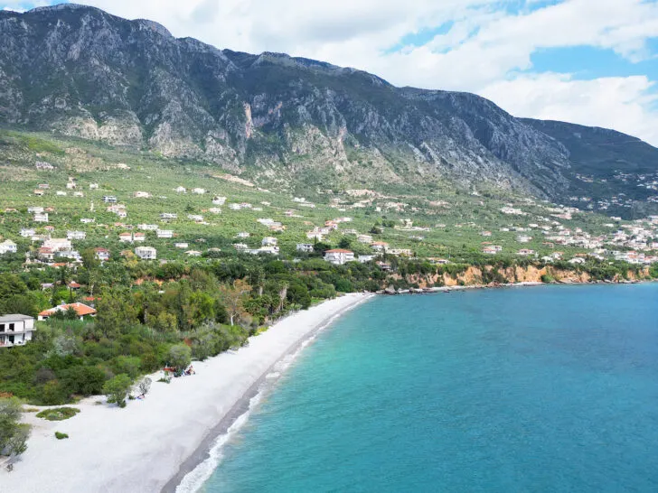 view of large mountain and coast and blue water in Kalamata during two weeks in Greece itinerary