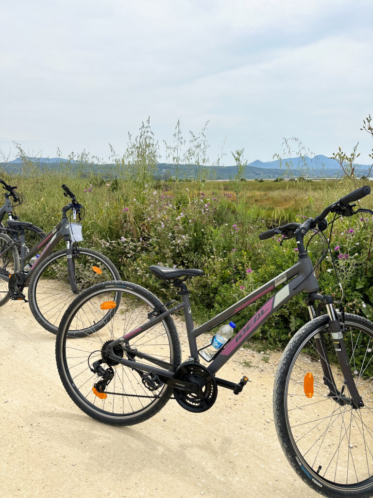 view of multiple bikes and field during a Greek vacation itinerary