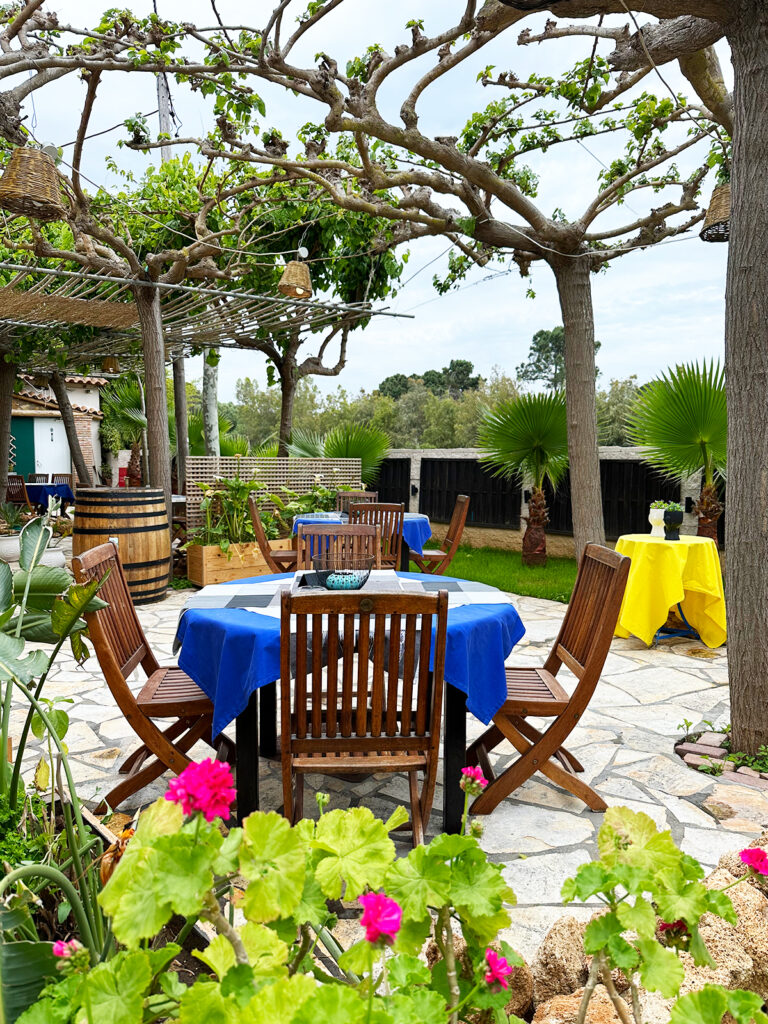 view of brightly colored flowers and table and chairs at restaurant near Arkoudi