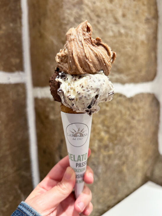 hand holding gelato with variations of white and brown ice cream