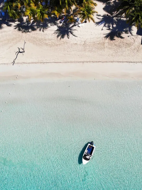 beautiful Jamaica beach with boat and palm tree lined beach