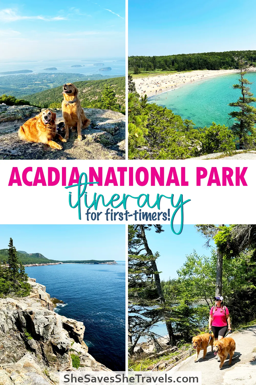 photos of Acadia coast hiking trails and mountains with text that reads Acadia National Park itinerary for first-timers!