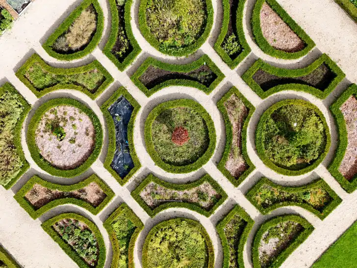 lush castle gardens from above