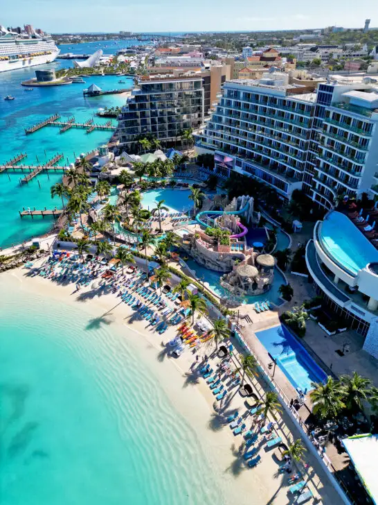 aerial view of Margaritaville Beach Resort Nassau with beach waterpark and pool