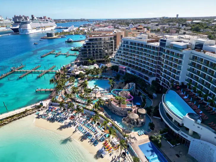 Margaritaville Beach Resort Nassau review with view of beach pool waterpark cruise port and hotel